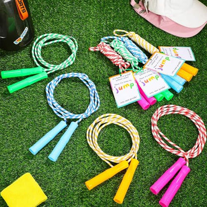 Soulchen 12 Sets End of Year Gift Bulk Party Supplies Adjustable Jump Rope with Tag Fun Skipping Rope and End of Year Cards Rainbow Gift for Prizes Exchange Party