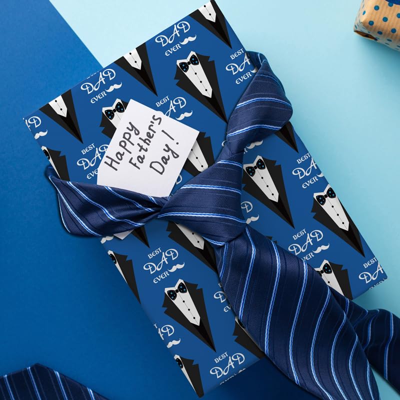 Cuitpan Father's Day Wrapping Paper - Blue Gift Wrap for Men With Happy Father's Day,Suit, tie, Hat, Mustache and Plaid Design - 20×29 Inches, 8 Folded Sheets Easy to Store - color: Blue-Father's Day