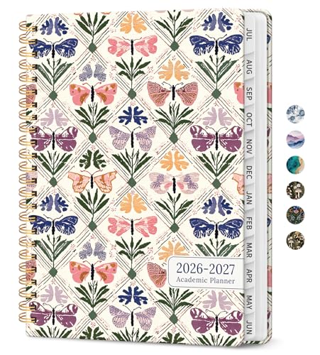 Planner 2026-2027, Academic Monthly and Weekly Calendar Planner for Women, July 2026 - June 2027, Hardcover Pretty Agenda Planner Book with Tabs, Spiral Daily Organizer for School Office Home Supplies, 6.3" x 8.5" - Butterfly Patchwork - color: C-Butterfl