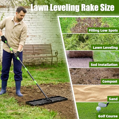 GARDTECH 16x10 Inch Lawn Leveling Rake Heavy Duty Adjustable Handle Yard Tool – Reinforced Steel Landscape Rake for Lawn Leveling, Soil Grading, Golf Course & Backyard Care - size: 16''x10''