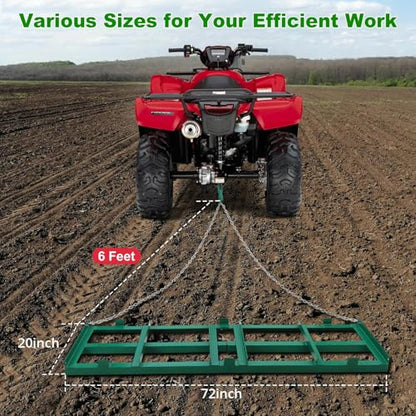 Garvee 6 FT Drag Harrow Driveway Grader, Tow Behind Lawn and Power Rake with 6 FT Chain, Lawn Leveling for ATV, UTV, Tractor, Mower, Land Leveler for Gravel, Sand, Soil, Hay，Gravel Driveway Drag，Green | 6 Ft Chain, Lawn Leveling for ATV, UTV, Tractor, Mow