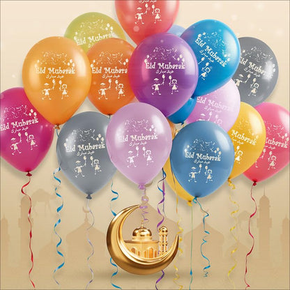Eid Mubarak Latex Balloons (Assorted Metallic Colors, Pack of 20) (20)