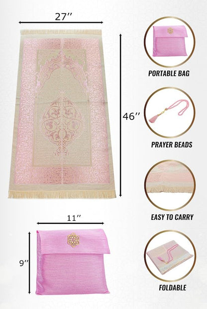 ihvan online Muslim Prayer Rug with 99 Beads Tasbih & Travel Bag, Soft Taffeta Sajadah, Lightweight & Foldable Janamaz, Portable Prayer Mat, Islamic Gift for Eid, Ramadan, Hajj & Umrah, Pink - color: Pink