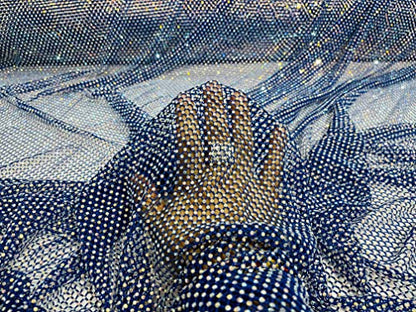 New Creations Fabric & Foam Inc, 45" Wide AB Iridescent Rhinestone On Soft Stretch Fish Net Fabric by The Yard (1 Yard, Iridescent Rhinestones on Royal Blue Mesh) - color: Iridescent Rhinestones on Royal Blue Mesh