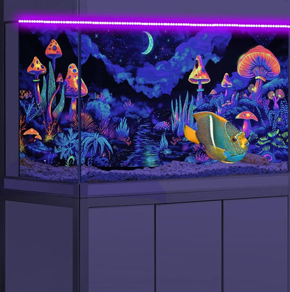 48X24IN Blacklight Mushroom Flower Black Light Aquarium Background, UV Fish Tank Background Moonlight Mountain Forest Landscape Terrarium Background with 10 EVA Double-Sided Tape - size: 48X24in/120X60cm