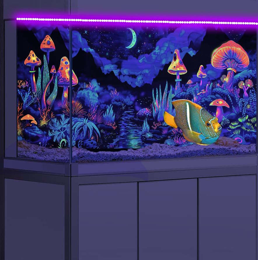 72X24IN Blacklight Mushroom Flower Black Light Aquarium Background, UV Fish Tank Background Moonlight Mountain Forest Landscape Terrarium Background with 10 EVA Double-Sided Tape - size: 72X24in/180X60cm