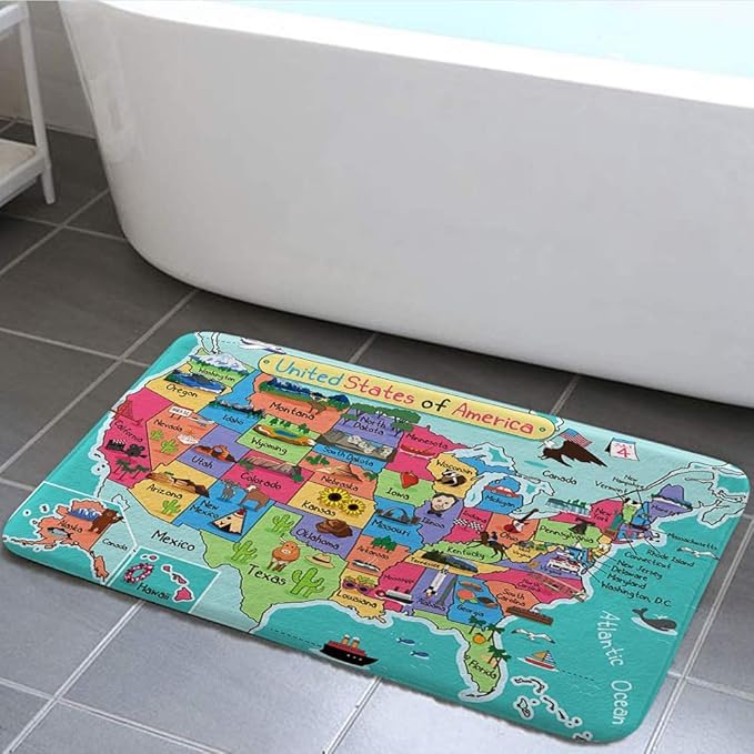 NYMB Kids Map of The United States Bathroom Rug Bath Mat,Cartoon Fun Facts Geography USA Map Kitchen Shower Mat, Cute Fun Map Bedroom Door Mat,Turquoise Red, 19X31IN - size: 1'5" x 2'7"