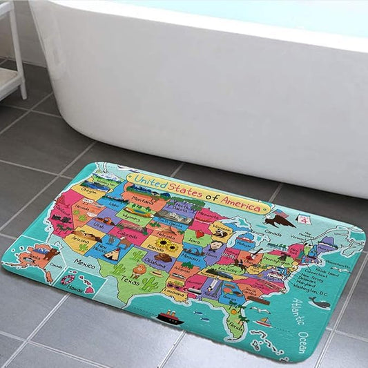 NYMB Kids Map of The United States Bathroom Rug Bath Mat,Cartoon Fun Facts Geography USA Map Kitchen Shower Mat, Cute Fun Map Bedroom Door Mat,Turquoise Red, 19X31IN - size: 1'5" x 2'7"