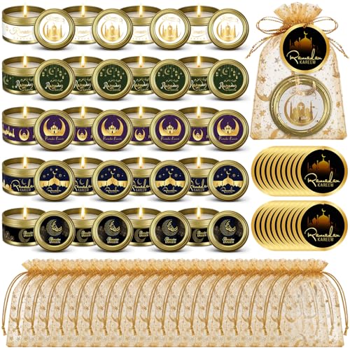 MTLEE 20 Set Ramadan Mubarak Scented Candle with Organza Bag and Cards Ramadan Gifts Eid Candles Muslim Scented Light Islamic Party Favors Gifts for Home Muslim Islam Festival Holiday Decor (Gold) - color: Gold