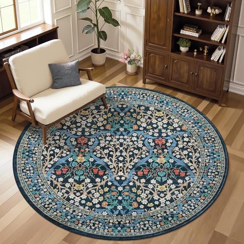 GarveeHome Dark Blue Floral 6 ft Round Rug Washable Non-Slip Soft Low Pile Small Circle Carpet Vintage Rugs for Kitchen Bedroom Nursery Dining Living Room - color: B.blue, size: 6' (Round)