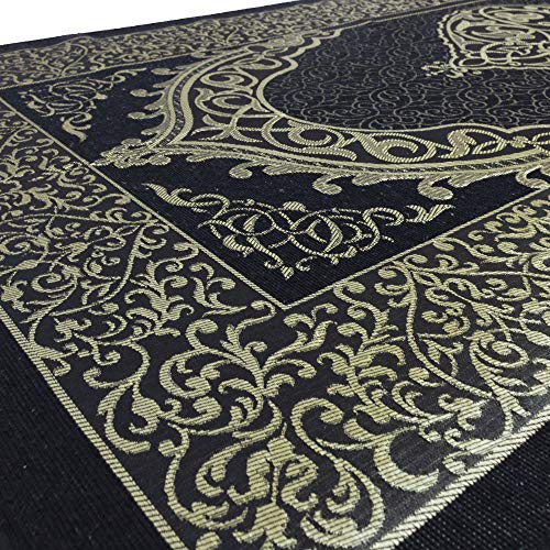 Modefa Muslim Woven Chenille Prayer Rug, Ottoman Black + Blue | Thin Chenille and Taffeta Turkish Intricate Metallic Ottoman Salah Mat - color: Black + Blue