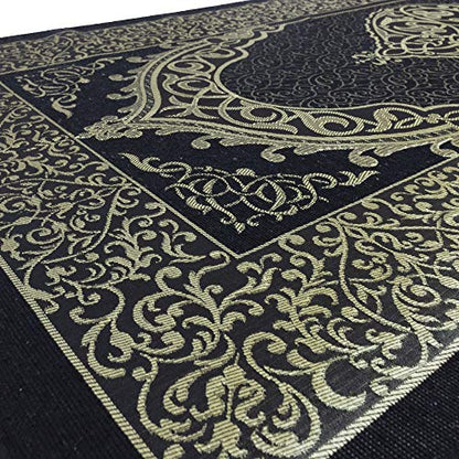 Modefa Muslim Woven Chenille Prayer Rug, Ottoman Black + Blue | Thin Chenille and Taffeta Turkish Intricate Metallic Ottoman Salah Mat - color: Black + Blue