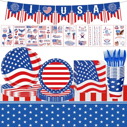 108PCS 4th of July Party Supplies American Flag Tableware Set Forth of July Patriotic Party Decorations Patriotic Paper Plates and Napkins Tablecloth Memorial Independence Day Dinnerware for 16 Guests - style: 4th of july