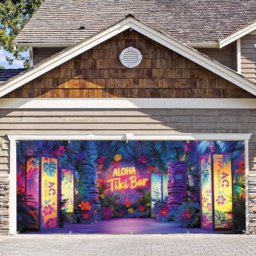 7 * 16FT Summer ALOHA & Tiki Bar Garage Door Cover Decorations Sunset Palm Trees Garage Door Banner for Outdoor Indoor Summer Party Photography Backdrop - color: ALOHA & Tiki Bar, size: 7*16 ft