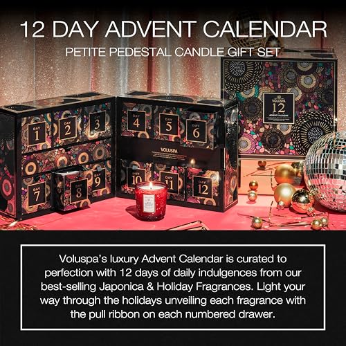 Voluspa 12 Day Advent Calendar Scented Candles Gift Set, 2.5 oz Each, 25 Hour Burn Time, Scented for Women and Men