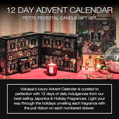 Voluspa 12 Day Advent Calendar Scented Candles Gift Set, 2.5 oz Each, 25 Hour Burn Time, Scented for Women and Men