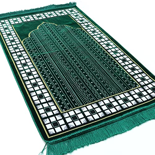 Modefa Prayer Mat - Thin Lightweight Velvet Turkish Muslim Prayer Rug - Prayer Rug Islam Men - Islamic Prayer Rug Sajjadah Prayer Mats Namaz Mat for Salah Islamic Gift Car Hanger - Vined Arch (Green) - color: Green