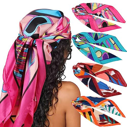 DRESHOW 35” Large Square Satin Head Scarf - 4Pcs Silk Accessories Classic Patterned Squares Beach Bandanas for Women - color: 4 Pcs: Rose, Turquoise, Orange, Brown