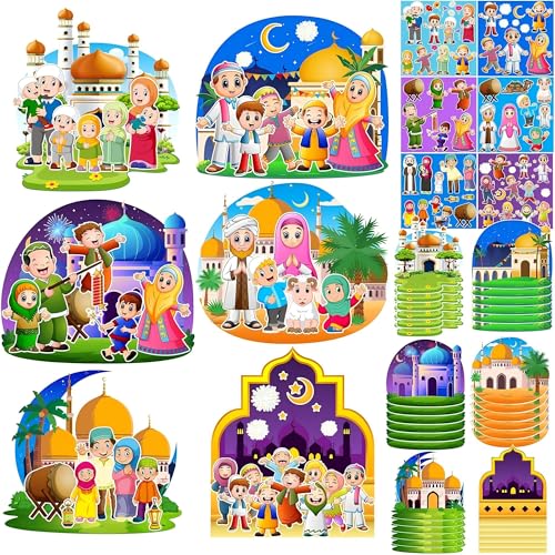 36 Sets Ramadan Stickers Eid Mubarak Craft Kit for Moon Star Scene Stickers Bulk Ramadan Kareem Decorations DIY Muslim Mosque Hanging Ornament for Tree Eid Al Fitr Party Class Activities