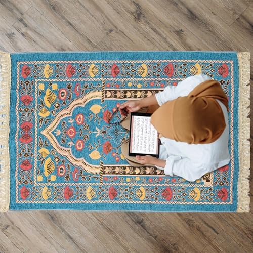 Muslim Prayer Rug, Soft Plush Thin Islamic Prayer Mat, Travel Janamaz, Sajada Tassel Praying Carpet, Ramadan Eid Hajj Gift - color: Blue