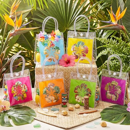 Aliceset 24 Pcs Clear Hawaiian Gift Bags with Handles Tropical Floral Hawaiian Luau Party Favor Bag for Aloha Theme Tropical Luau Summer Party with Palm Leaves 6.31"x 5.91"x 3.15" - style: Hibiscus