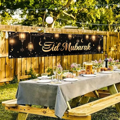 Eid Mubarak Outdoor Yard Banner 79x18 Inch Black Gold Islamic Lantern Crescent Moon Hanging Lights Backdrop for Muslim Ramadan Eid al-Fitr Lawn Fence Party Decorations
