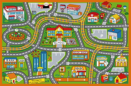 Town Muslim Prayer Rug for Kids, Orange Color 4x6 ft, Machine Washable Mat, Islamic Gifts, Ramadan Masjid Quran Arabic Set, Play Rug - 001