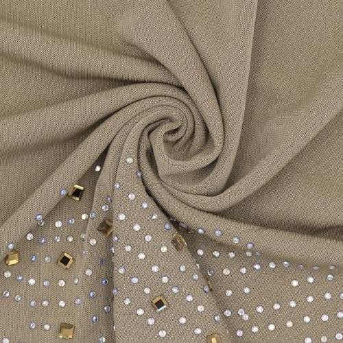 ZGMYC Women Shiny Rhinestones Muslim Hijab Elegant Long Turban Cap Head Wrap Scarf - color: Khaki(golden Beads & Rhinestones)