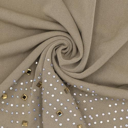 ZGMYC Women Shiny Rhinestones Muslim Hijab Elegant Long Turban Cap Head Wrap Scarf - color: Khaki(golden Beads & Rhinestones)