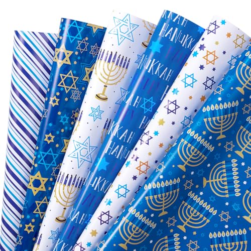 RUSPEPA Hanukkah Wrapping Paper Sheets, Star of David, Menorah, Happy Hanukkah and Stripe Design, Blue and Gold Gift Wrap for Christmas, Holiday, Birthday, 6 Folded Sheets, 19.68 X 27.5 Inch - color: Blue Hanukkah
