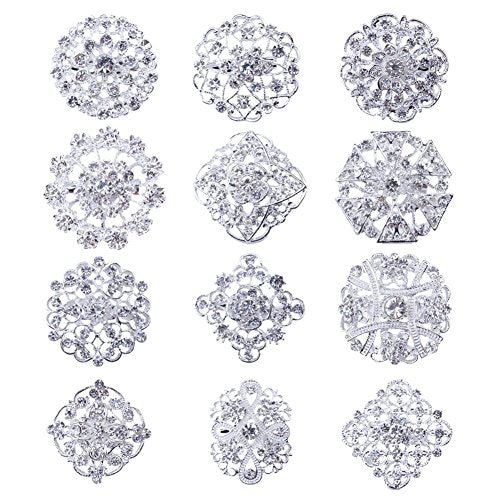Brooches and Pins for Women, Gold or Silver Color with Rhinestone Crystal Flower Brooch Pins for Wedding Bouquet Party Decoration Broaches Set - color: Silver