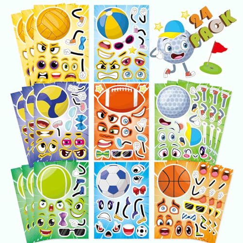 Sport Ball Stickers, Rugby Stickers for Teens/Kids, Make a Face Stickers | 24 PCS Make Your Own Mix and Match Sticker Sheets, Basketball, Baseball, Football, Volleyball, Soccer, Goodie Bags Stuffers - style: Sport Ball Sticker