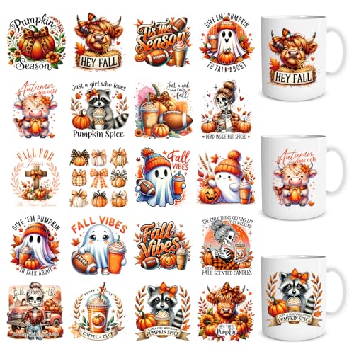 Fall UV DTF Stickers - 20 Sheets Autumn Ghost UV DTF Cup Wraps for 16 OZ Glass Mugs, Cute Pumpkin Skeleton Bow UVDTF Stickers, Cow Raccoon Rub on Transfer Decals for Water Bottles Tumblers - style: Fall