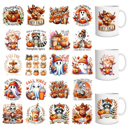 Fall UV DTF Stickers - 20 Sheets Autumn Ghost UV DTF Cup Wraps for 16 OZ Glass Mugs, Cute Pumpkin Skeleton Bow UVDTF Stickers, Cow Raccoon Rub on Transfer Decals for Water Bottles Tumblers - style: Fall
