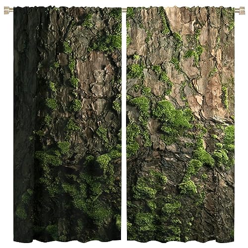 Brown Tree Bark Retro Curtains Natural Plant Green Moss Rustic Country Old Trunk Wood Art Print Rod Pocket Blackout Window Treatment for Bedroom Kitchen Living Room Home Decor Window Drapes 42x45in