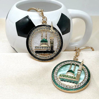 2PCS Islamic Mosque Keychain with Artificial Rhinestones - Metal Bag Charm & Car Hanging Accessory