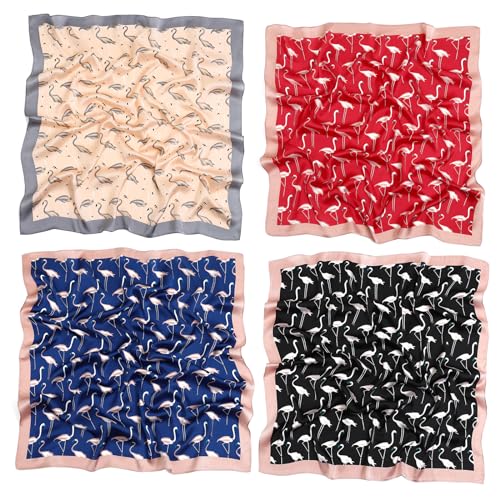 STARWHISPER 27" Square Head Scarf for Women Silk Feeling Satin Scarf Women Fashion Silk Scarf for Wrapping Hair - color: Red-crowned Crane4