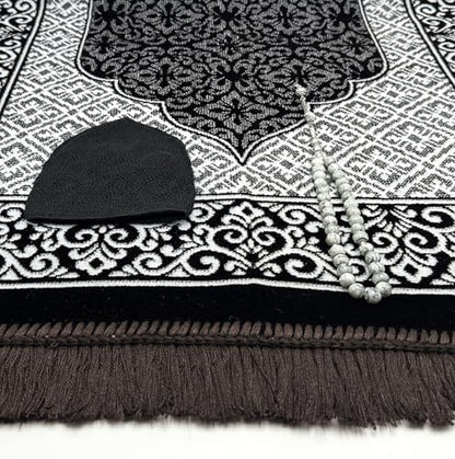 ESERRA Velvet Prayer Mat All in One Set for Islam - Thick Muslim Prayer Rug, Black Kufi Hat, Jasper Stone 33 Prayer Beads, Cotton Travel Case - Islamic Gifts (Dark Brown) - color: Dark Brown