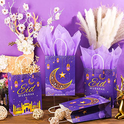 Censen 16 Sets Eid Mubarak Gift Bags with Tissue Paper, Ramadan Goodies Bags for Ramadan Party Supplies Favor (Purple) - color: Purple
