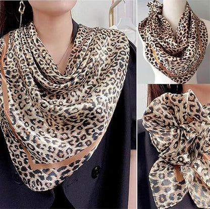 Leopard Head Scarf for Women - Lightweight Large Square Satin Hair Scarf | Soft lightweight leopard head scarf, versatile as bandana, hair wrap or fashion accessory for daily wear 35'' × 35''