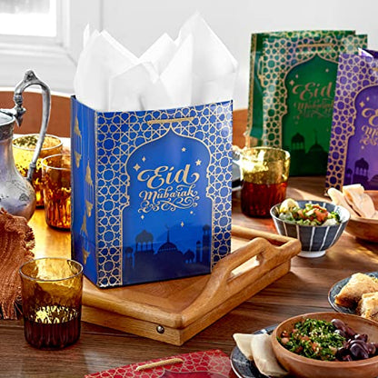 Hallmark 9" Medium Eid Gift Bag Bundle (4 Bags: Eid Mubarak with Stars and Skyline) in Red, Blue, Green, Purple