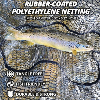 Floating Fishing Net for Fly Fishing, Foldable Landing Net | 31.2" Length, 15"x11.8" Hoop, Fish Net with Rubber Coated Polyethylene Mesh for Bass, Trout, Kayak & Boat Fishing - color: Green