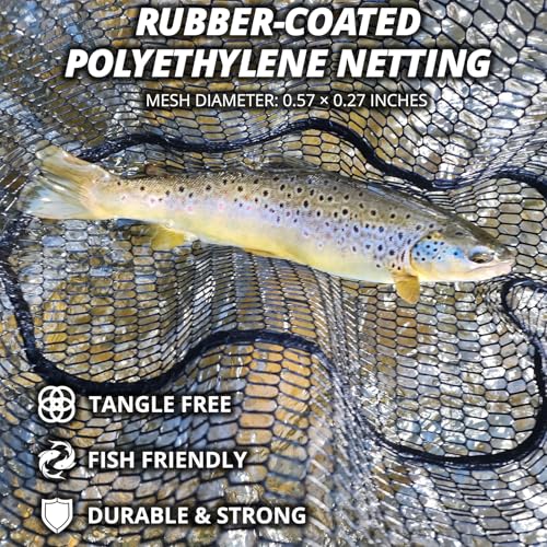 Floating Fishing Net for Fly Fishing, Foldable Landing Net | 31.2" Length, 15"x11.8" Hoop, Fish Net with Rubber Coated Polyethylene Mesh for Bass, Trout, Kayak & Boat Fishing - color: Yellow