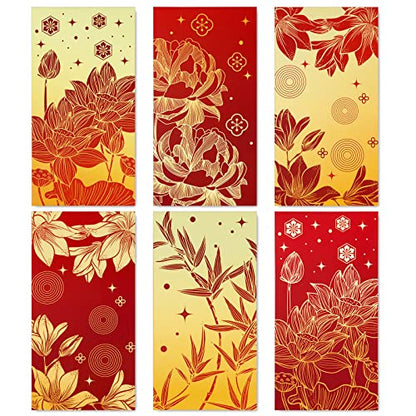 AnyDesign 48 Pcs Chinese New Year Red Envelopes 6 Designs Red Gold Hong Bao Lotus Peony Floral Lucky Money Pocket for Lunar New Year Spring Festival Wedding Birthday Party Supplies, Non-Foil Printing