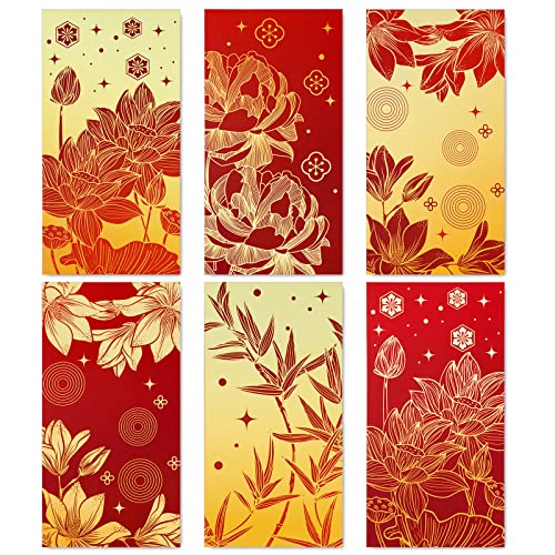 AnyDesign 48 Pcs Chinese New Year Red Envelopes 6 Designs Red Gold Hong Bao Lotus Peony Floral Lucky Money Pocket for Lunar New Year Spring Festival Wedding Birthday Party Supplies, Non-Foil Printing