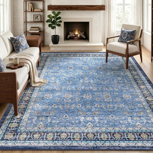 Blue Farmhouse Area Rugs 8x10, Washable Upgraded Non-Slip Living Room Rug, Vintage Distressed Floral Print Pattern Low Pile Carpet for Bedroom, Dining Room, Home Office, Kitchen, Blue Multi - color: Blue Multi, size: 8' x 10' (Rectangular)