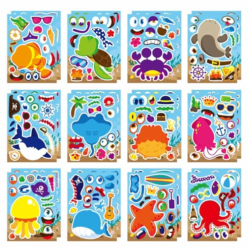 Ocean Stickers for Kids Toddlers, Make a Face Sea Animal Stickers | 24 Sheets Make Your Own Stickers for Kids Under The Sea Animal Summer Beach Stickers, Ocean Sea Party Favors - style: Ocean Stickers