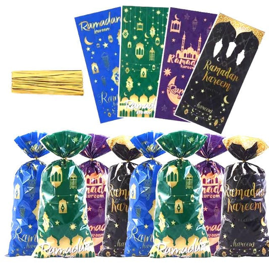 Ramadan Kareem Treat Bags, 100pcs Shining Gold Star Moon Lantern Party Cellophane Bags with Twist Ties Clear Plastic Gift Bags Goodie Cookies Candy Bags for Wedding ,Birthday Party ,Ramadan Mubarak Party Supplies