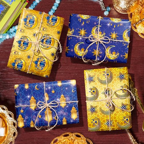 WGOCAUK 12 Sheets Eid Mubarak Wrapping Paper, 20x27in Moon Star Words Lantern Patterns Gift Wrap Paper Ramadan Kareem Wrapping Paper for Mubarak Party Gift Wrapping Supplies (Blue) - color: Blue
