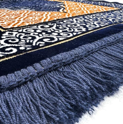 Velvet Islamic Prayer Rug Set (Thick Prayer Mat - 99 Tasbih Prayer Beads - Black Cotton Kufi Hat) Eid and Ramadan Gift for Muslims (Blue) - color: Blue